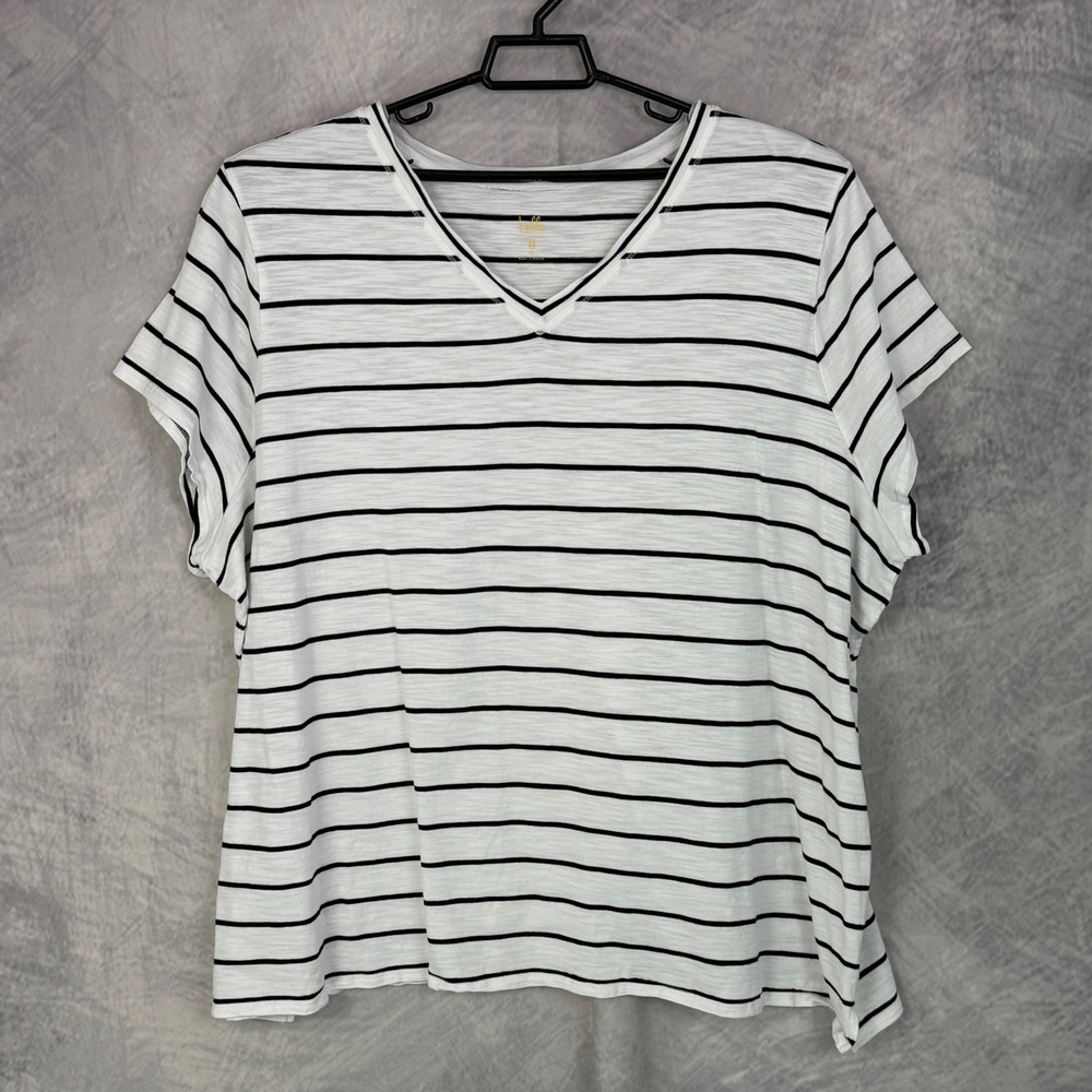 Belle Kim Gravel Striped V Neck Short Sleeve T Shirt Top Size 5X Nautical staple